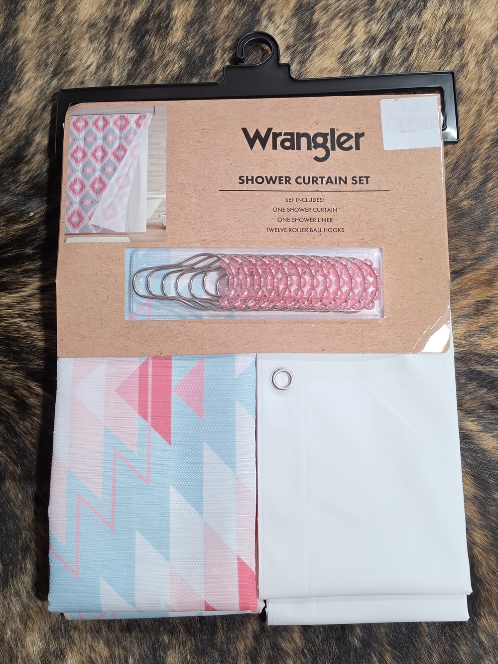 Wrangler Pink & Light Blue Geometric Shower Curtain Set with Pink Hooks